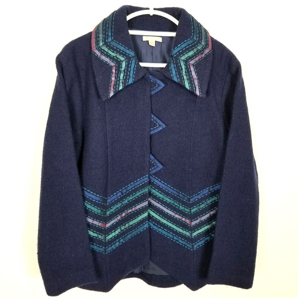 Cayson Women Wool Jacket Size L Embellished Blue Artsy Button Up‎